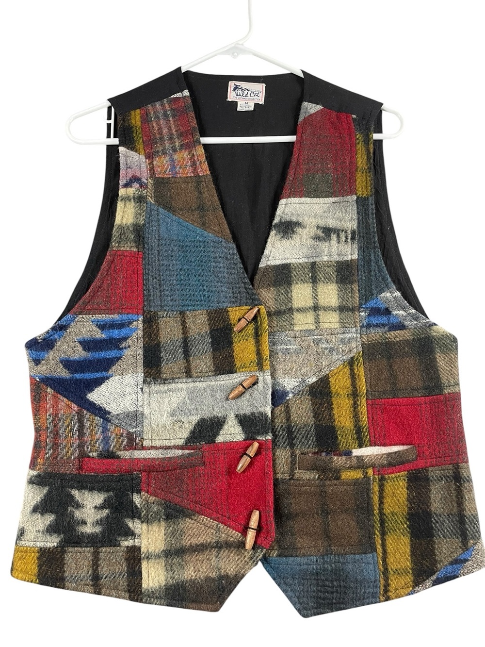 Vintage 80s 90s Multi-Color Patchwork Preppy Americana Western Wool Blend Vest M
